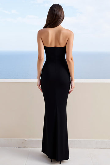 Black Satin Mermaid Strapless Long Formal Dress with Slit